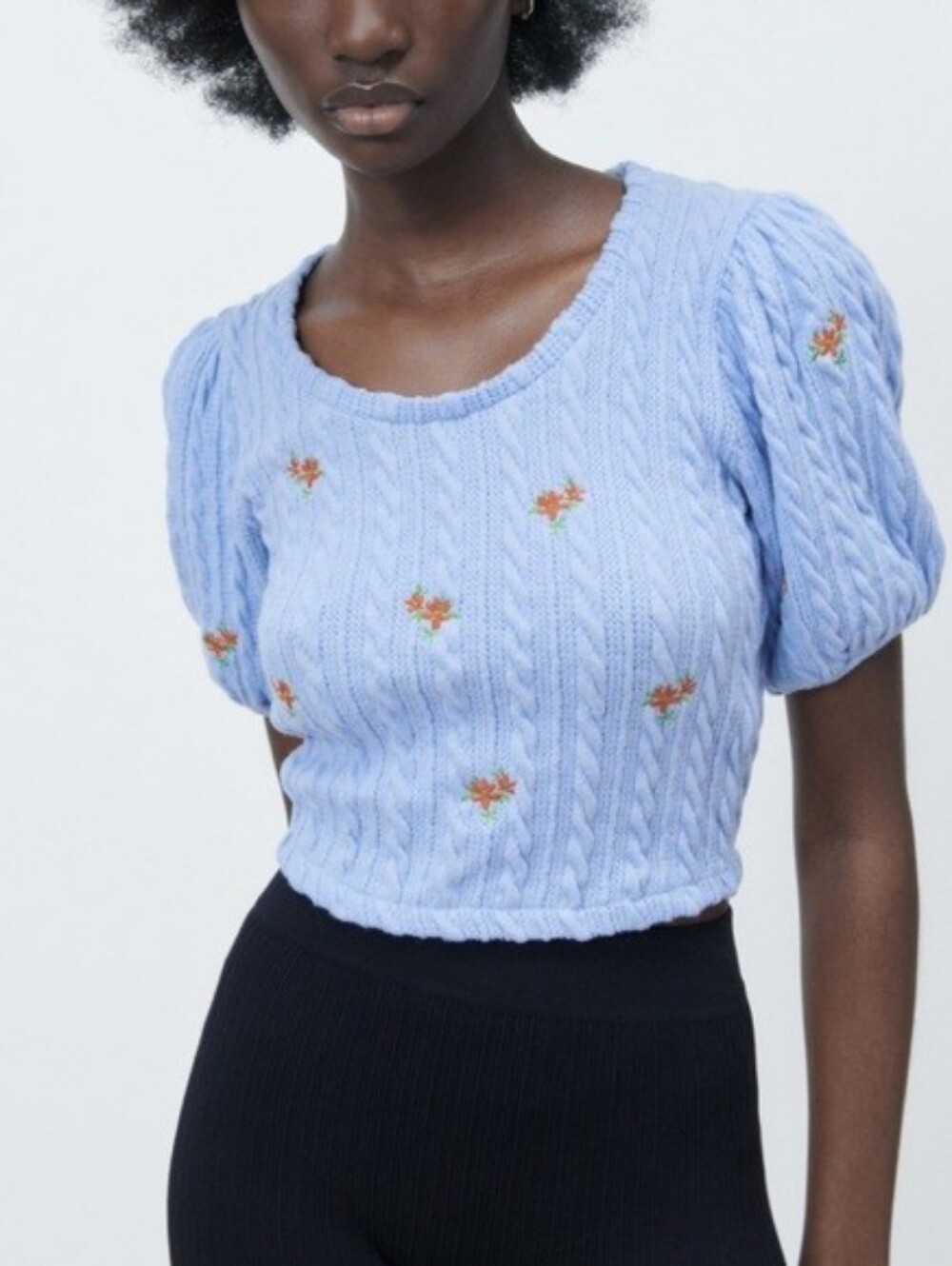 Zara Light Blue Cable Knit Cropped Top with Floral Embroidery MEDIUM